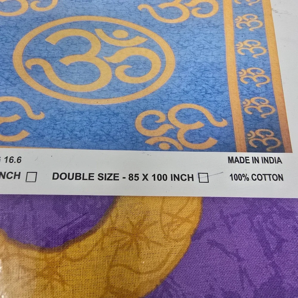 Om Symbol Cotton Tapestry Double Size 85x100 Purple Gold Blue Yoga Decor India